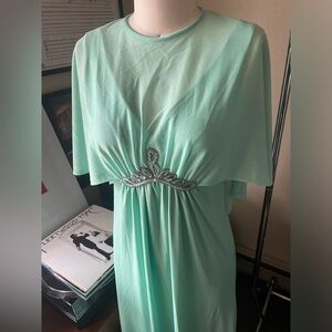 Vintage 1970s Mint Green Pastel Disco Maxi Dress Angel Wing US Size M